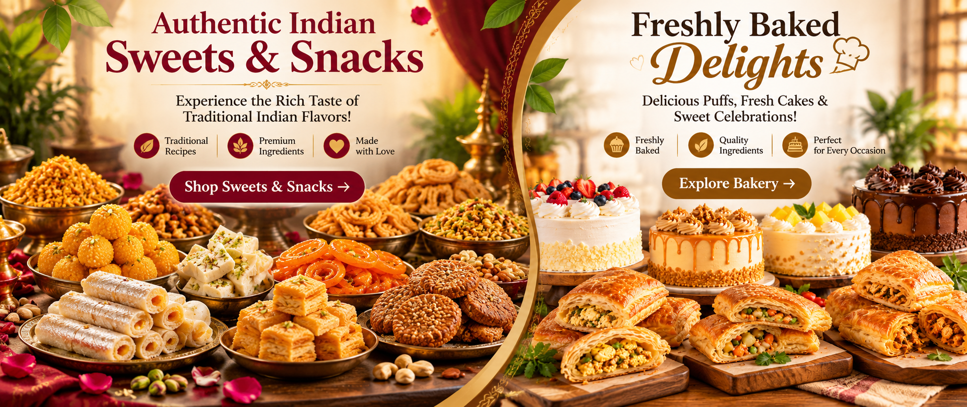 Authentic Indian sweets and snacks on brass platters beside freshly baked puffs and celebration cakes